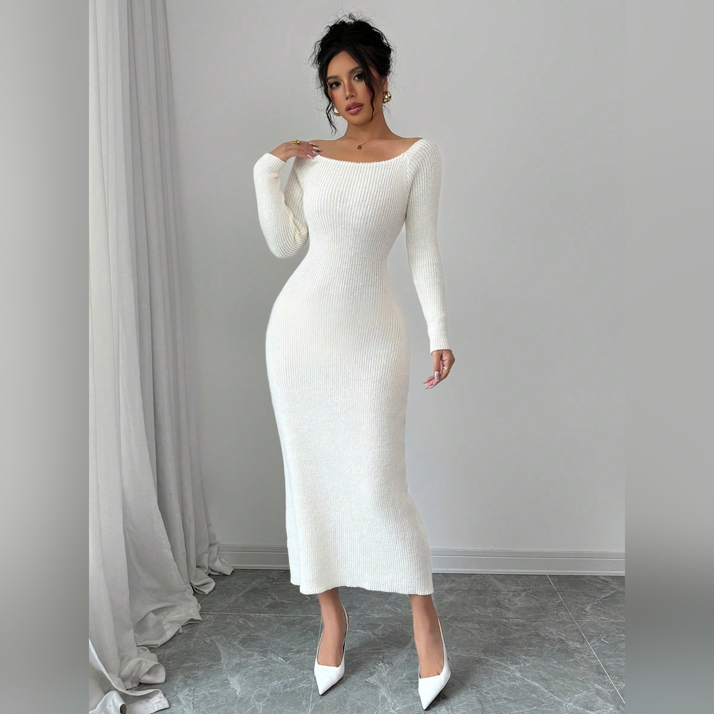 Women's Off Shoulder Bowknot Sweater Dress, Elegant Design For Autumn/Winter - Picture 4 of 7